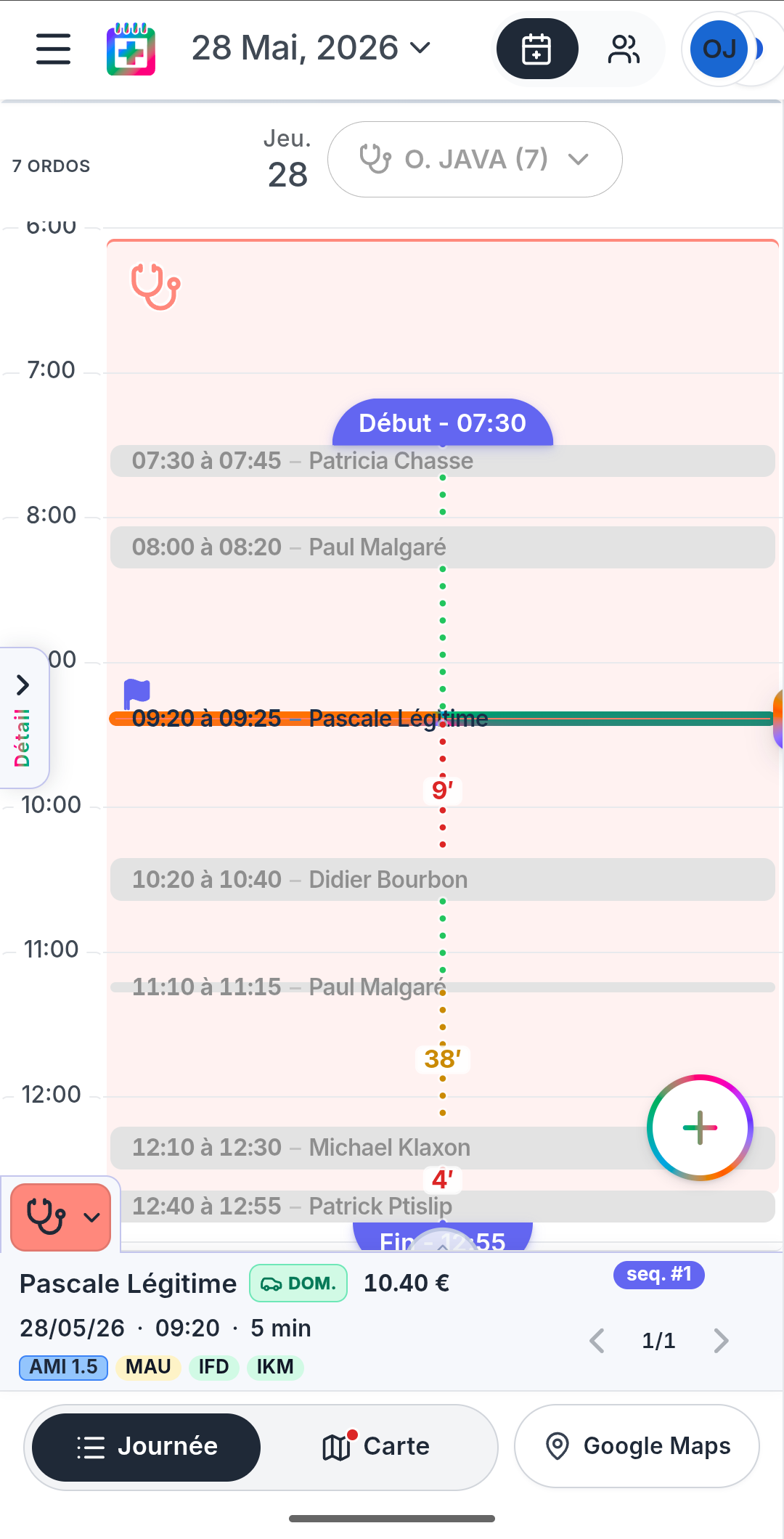 Agenda IDEL en vue Jour avec les passages et horaires de la tournée