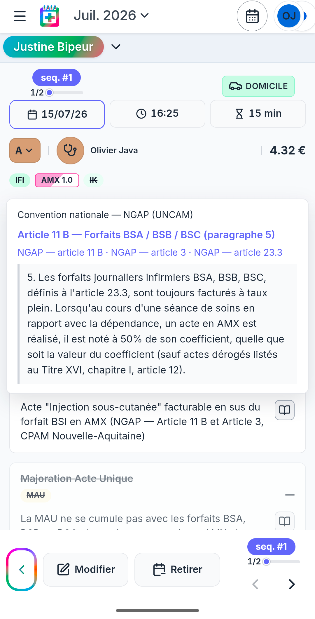 Règle NGAP Fidèle : article 11 B, injection facturable en sus en AMX.