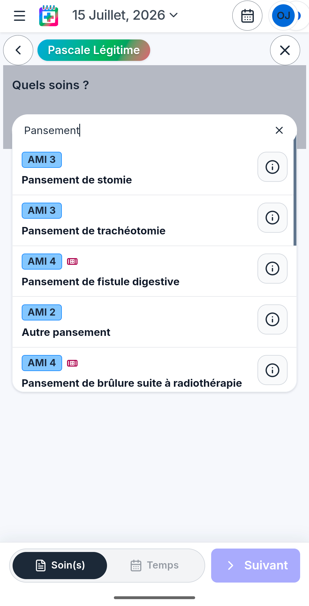 Recherche Fidèle : mot-clé pansement et liste d'actes NGAP.